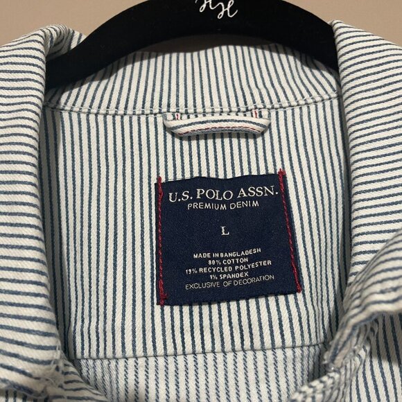 U.S. Polo Association Blue Striped Distressed Denim Jacket, Large, NWT - Picture 6 of 10